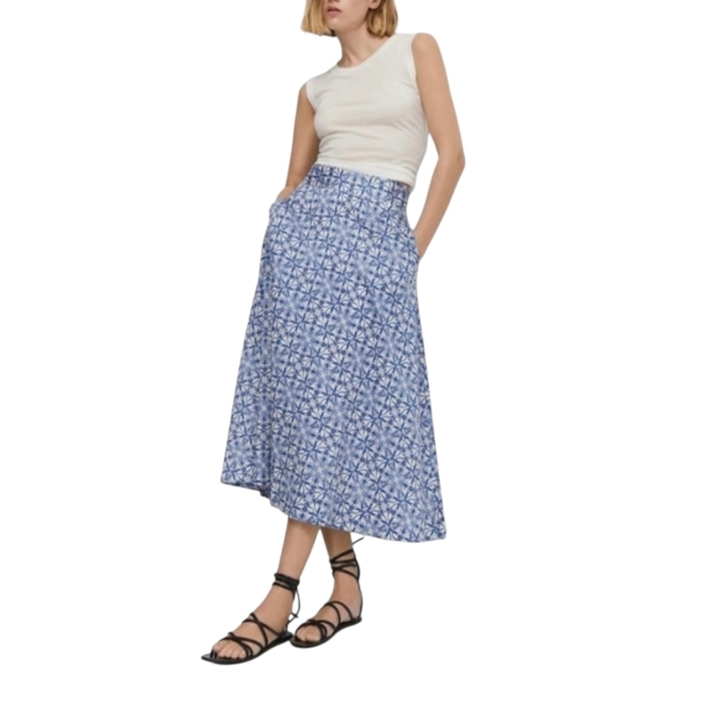 MANGO Blue White Geometric Mosaic A-Line Midi Skirt Cotton Small